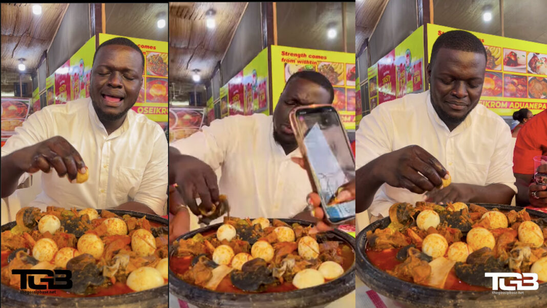 Tiktoker causes stir as he consumes big bowl of fufu with assorted meat and eggs